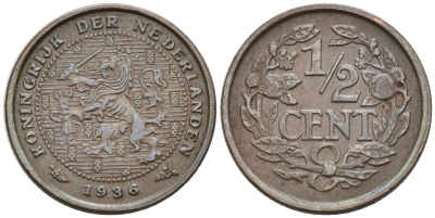 Нидерланды 1/2 цента 1936 Вильгельмина (1890-1948) KM 138 бронза 4576-421