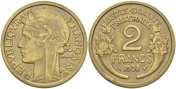 ФРАНЦИЯ 2 ФРАНКА 1938 ТИП MORLON KM 886, LE FRANC 268.11 алюминиевая бронза 180-523