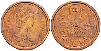 КАНАДА 1 ЦЕНТ 1984 КЛЕНОВЫЙ ЛИСТ, ЕЛИЗАВЕТА II (1953-) KM 132 бронза 26-417