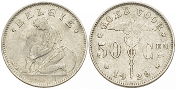 БЕЛЬГИЯ 50 САНТИМОВ 1928 BELGIE KM 88 никель 261-1166