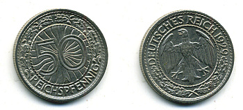 Германия 50 рейхспфеннигов 1929 А KM 49, J. 324 никель 58-524