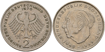 ФРГ 2 марки 1970 F, Конрад Аденауэр KM 124, J. 406 медно-никель 4159-1154