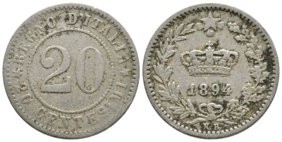ИТАЛИЯ 20 ЧЕНТЕЗИМО 1894 K.B KM 28.1 медно-никель 177-1054
