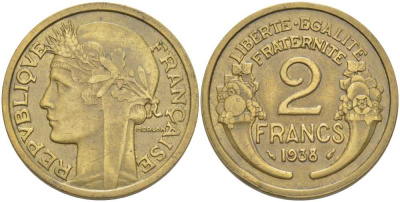 ФРАНЦИЯ 2 ФРАНКА 1938 ТИП MORLON KM 886, LE FRANC 268.11 алюминиевая бронза 180-523