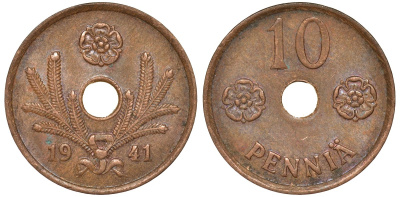 Финляндия 10 пенни 1941 KM 33.1 медь 51-3627