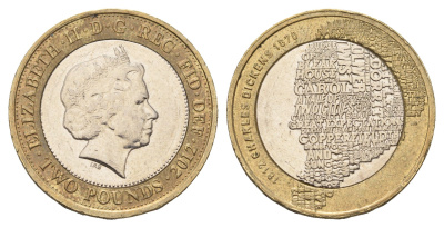 Великобритания 2 фунта 2012 Елизавета II (1952-2022), 200 лет со дня рождения Чарльза Диккенса KM 1224, Spink K29 биметалл 4111-1131