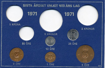 Швеция 1, 2, 5, 10, 25 эре 1971 Густав VI Адольф (1950-1973) в картоне набора монетного двора UNC 7-5-7-257
