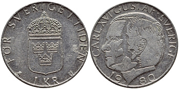 Швеция 1 крона 1980 Карл XVI Густав (1973- ) KM 852 медь плакированная медно-никелем 4397-946