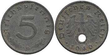 Германия 5 рейхспфеннигов 1940 G, монетный двор Карлсруэ KM 100, J. 370 цинк 186-713