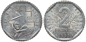 Франция 2 франка 1993 Жан Мулен, 50 лет Национальному движению сопротивления KM 1062, Le Franc 273.2 никель 4123-436
