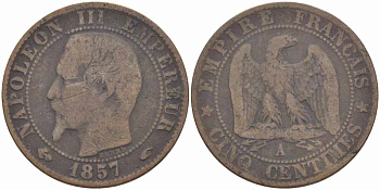 ФРАНЦИЯ 5 САНТИМОВ 1857 A, НАПОЛЕОН III (1852-1870) KM 777.1, LE FRANC 116.37 бронза 108-445