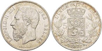 Бельгия 5 франков 1872 Леопольд II (1865-1909) KM 24 серебро 4184-623