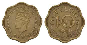 Цейлон 10 центов 1944 KM 118 никель латунь 4625-654