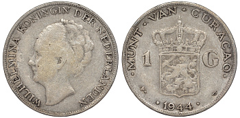 Нидерландское Кюрасао 1 гульден 1944 D, Вильгельмина (1890-1948) KM 45 серебро 36-527