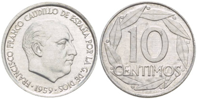 Испания 10 сентимо 1959 Франсиско Франко (1939-1975) KM 790 алюминий 4549-233
