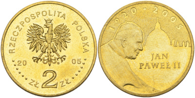 Польша 2 злотых 2005 MW, папа Иоанн Павел II (1920-2005) KM 525, Parchimowicz 953 латунь 4586-1115
