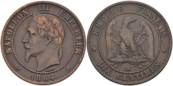 ФРАНЦИЯ 10 САНТИМОВ 1864 ВВ, НАПОЛЕОН III (1852-1870) KM 798.2, LA FRANC 134.12 бронза 97-1235