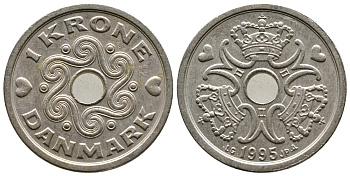 Дания 1 крона 1995 LG; JP; A, Маргрете II (1972- ) KM 873.1 медно-никель 4175-231