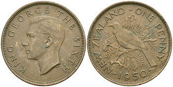 Новая Зеландия 1 пенни 1950 птица туи, король Георг VI (1937 - 1952) KM 21 бронза 4536-244