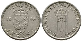 Норвегия 1 крона 1956 Хокон VII (1905-1957) KM 397 медно-никель 91-512