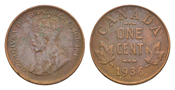 Канада 1 цент 1936 Георг V (1910-1936) KM 28 бронза 4639-251