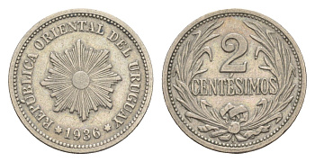 Уругвай 2 сентесимо 1936 A KM 20 медно-никель 4643-316