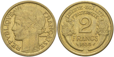 ФРАНЦИЯ 2 ФРАНКА 1939 ТИП MORLON KM 886, LE FRANC 268.12 алюминиевая бронза 3855-145