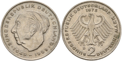 Германия 2 марка 1975 A, Теодор Хойс KM 127, J. 407 медно-никель 4179-1025