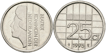 НИДЕРЛАНДЫ 25 ЦЕНТОВ 1995 БЕАТРИКС KM 204 никель 96-328
