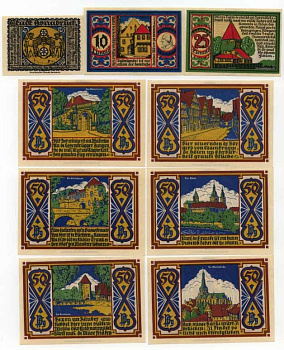 ОСНАБРЮК НАБОР ИЗ 9 НОТГЕЛЬДОВ 5, 10, 25 И 6х50 ПФЕННИГОВ 1921 ГОРОДСКИЕ ВИДЫ бумага UNC (ПРЕСС) 70-3111