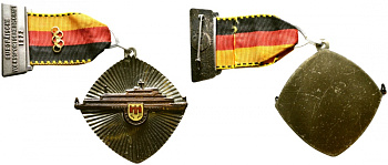 ГЕРМАНИЯ МЕДАЛЬ ND ЕВРОПЕЙСКОЕ ОБЩЕСТВО ПО РАЗВИТИЮ МАССОВОГО СПОРТА, КОРАБЛЬ, ПОДВЕСКА С ЛЕНТОЙ И СИМВОЛИКОЙ, НАГРУДНАЯ 1079-4-22