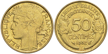 ФРАНЦИЯ 50 САНТИМОВ 1932 ТИП MORLON, OPEN 9, С ЯГОДОЙ KM 894.1, LE FRANC 192.7 алюминиевая бронза 44-724