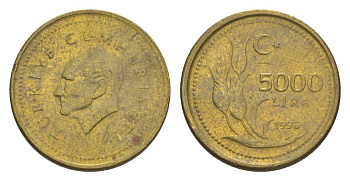 Турция 5000 лир 1996 Кемаль Ататюрк KM 1029.1 латунь 4647-645