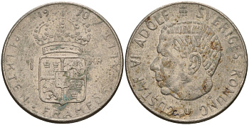 Швеция 1 крона 1970 U, Густав VI Адольф (1950-1973) KM 826a медь плакированный медно-никелем 4150-311