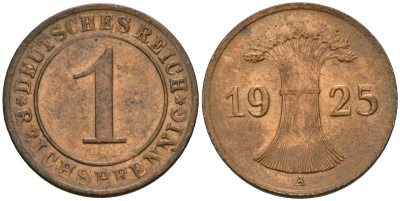 Германия 1 рейхспфенниг 1925 A KM 37, J. 313 бронза 4189-1118
