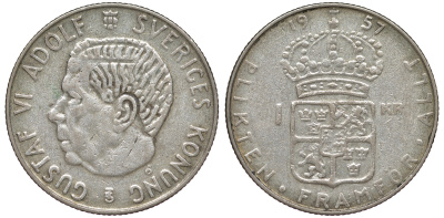 Швеция 1 крона 1957 TS, Густав VI Адольф (1950-1973) KM 826 серебро 4178-432