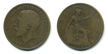 Великобритания 1 пенни 1919 Георг V (1910-1936) КМ 810, Spink 4051 бронза 4110-212
