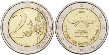 Бельгия 2 евро 2008 60 лет принятие декларации прав человека KM 248 биметалл аUNC 4111-723