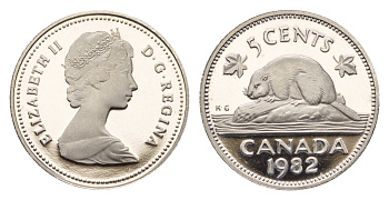 Канада 5 центов 1982 Елизавета II (1952-2022), бобр KM 60.2a никель PROOF 413-3232
