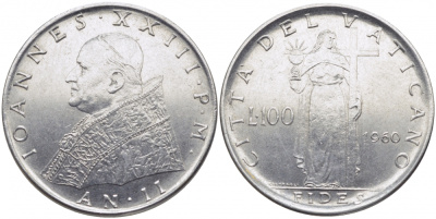 ВАТИКАН 100 ЛИР 1960 ДЖОН XXIII KM 64.2 сталь 4448-511