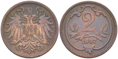 АВСТРИЯ 2 ГЕЛЛЕРА 1897 ФРАНЦ ИОСИФ (1846-1918) KM 2801 бронза 4392-213