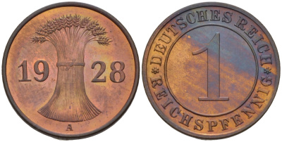 Германия 1 рейхспфенниг 1928 A J 313, KM 37 бронза  PROOF  11-227-16
