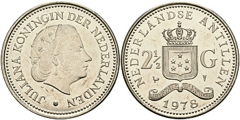 Нидерландские Антилы 2 1/2 гульдена 1978 Юлиана (1948-1980) KM 19 никель UNC 107-1224
