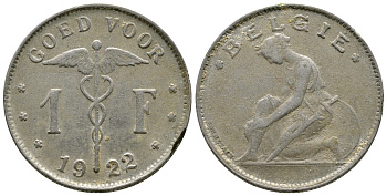 БЕЛЬГИЯ 1 ФРАНК 1922 BELGIE KM 90 никель 179-837