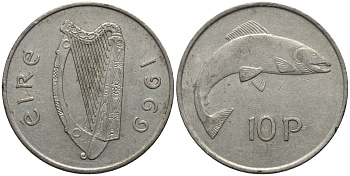 Ирландия 10 пенсов 1969 лосось KM 23 медно-никель 3855-1046