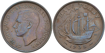 Великобритания 1/2 пенни 1938 Георг VI (1936-1952) KM 844, Spink 4115 бронза 4126-746