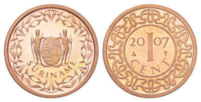 Суринам 1 цент 2007 тираж 1000 экземпляров KM 11b сталь плакированная медью BU 4625-263