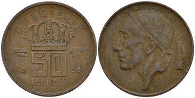 Бельгия 50 сантимов 1953 Belgique KM 144 бронза 4152-423
