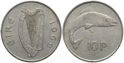 Ирландия 10 пенсов 1969 лосось KM 23 медно-никель 3855-1046