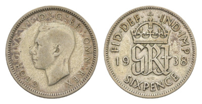 Великобритания 6 пенсов 1938 Георг VI (1936-1952) KM 852, Spink 4084 серебро 33-1154